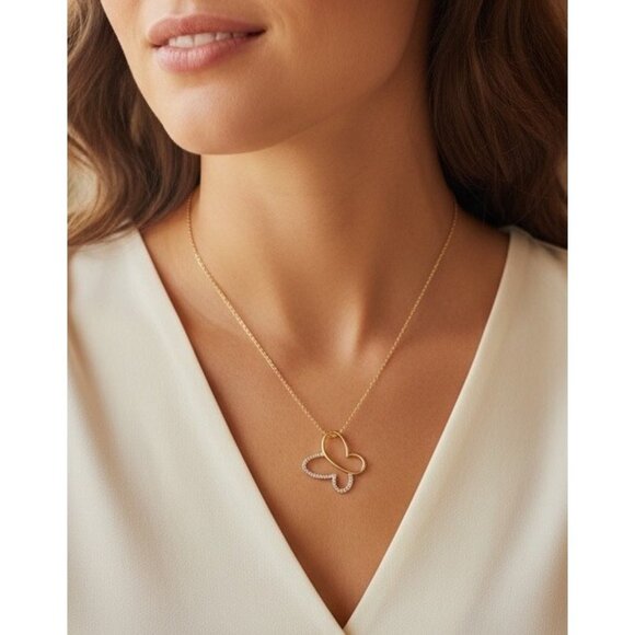 925 Sterling Silver Vermeil Gold Dainty Butterfly Crystal Heart Pendant Necklace - Picture 1 of 7